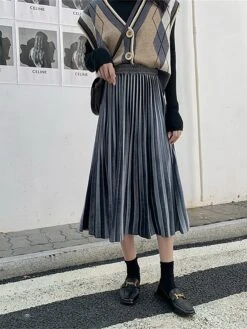 Women's Skirt A Line Swing Midi Gold Velvet Wine Red Black Pink Navy Blue Skirts Fall & Winter Pleated High Waist Fashion Elegant Christmas Xmas Street M L XL -Xmas Cothing Store cerxgt1694689570154