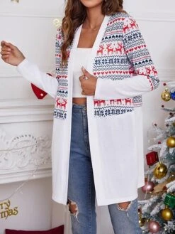 Women's Ugly Christmas Sweater Cardigan Sweater Jacket V Neck Ribbed Knit Polyester Pocket Knitted Print Fall Winter Long Outdoor Christmas Daily Stylish Casual Soft Long Sleeve Plaid Elk Snowflake -Xmas Cothing Store cftpif1697290893102
