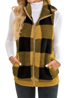 Women's Teddy Vest Fleece Plaid Sleeveless Sherpa Coat Fall Winter Thermal Warm Christmas Outerwear With Pockets Stylish Contemporary Modern Style Jacket Sleeveless -Xmas Cothing Store cgezst1692264950080