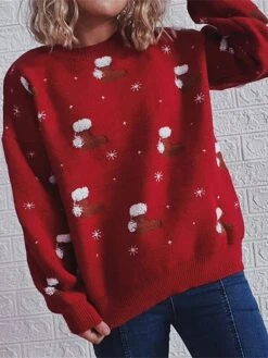 Women's Ugly Christmas Sweater Pullover Sweater Jumper Crew Neck Ribbed Knit Polyester Patchwork Fall Winter Regular Outdoor Christmas Daily Stylish Casual Soft Long Sleeve Color Block Snowflake Red