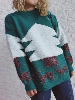 Women's Ugly Christmas Sweater Pullover Sweater Jumper Crew Neck Ribbed Knit Polyester Patchwork Fall Winter Regular Outdoor Christmas Daily Stylish Casual Soft Long Sleeve Elk Christmas Tree Red -Xmas Cothing Store chotye1696903353712