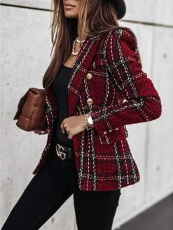 Women's Blazer Tweed Plaid Christmas Jacket Long Sleeve Coat Fall Winter Business Double Breasted Regular Jacket Green Brown XL 2XL 3XL -Xmas Cothing Store cignmm1604927910424