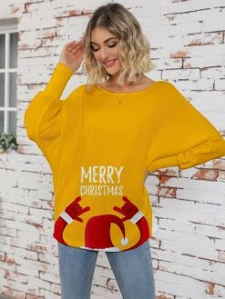 Women's Pullover Sweater Jumper Crew Neck Ribbed Knit Print Fall Winter Regular Christmas Stylish Soft Long Sleeve Letter Santa Claus Yellow Red S M L -Xmas Cothing Store citeip1697021311824