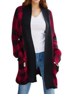 Women's Winter Coat Warm Outdoor Christmas Gifts Christmas Daily Wear Pocket Print Open Front Collarless Active Casual Daily Xmas Comfortable Street Style Plaid Regular Fit Outerwear Long Sleeve Fall -Xmas Cothing Store cjjobk1661164200665