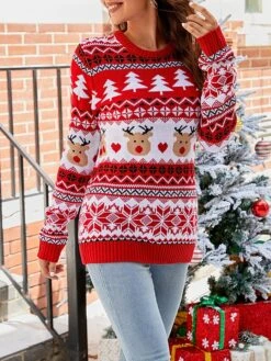 Women's Ugly Xmas Christmas Sweater Pullover Sweater Jumper Crew Neck Chunky Knit Acrylic Patchwork Drop Shoulder Spring Fall Winter Regular Party Christmas Stylish Casual Long Sleeve Letter Red S M L -Xmas Cothing Store clgtvc1695110326905