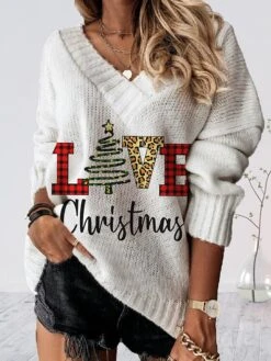 Women's Pullover Sweater Jumper V Neck Crochet Knit Oversized Print Fall Winter Regular Christmas Stylish Soft Long Sleeve Elk Snowman Xmas Tree White / Black Red Brown Black S M L -Xmas Cothing Store clxsrl1694570258319