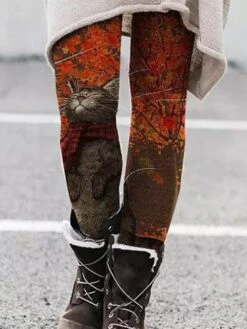 Women's Xmas Tights Leggings Dark Grey Matt Black Creamy-white Fashion Christmas Cat Maple Casual Full Length Thermal Warm Cat S M L XL 2XL -Xmas Cothing Store cmfxby1665660346688