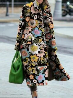 Women's Winter Coat Coat Windproof Warm Holiday Daily Wear Weekend Button Pocket Double Breasted Lapel Vintage Daily Christmas Floral Regular Fit Outerwear Long Sleeve Fall Winter Black Green S M L