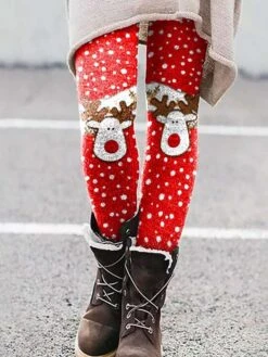 Women's Slim Thermal Underwear Fleece Lined Ash Dark Red Orange Red High Rise Tights Christmas Xmas Casual Print Micro-elastic Full Length Comfortable Graphic S M L XL 2XL -Xmas Cothing Store crccid1666750493363