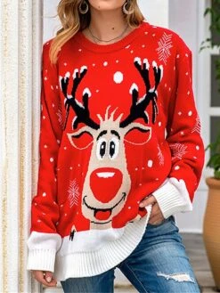 Women's Ugly Christmas Sweater Pullover Sweater Jumper Crew Neck Ribbed Knit Acrylic Oversized Fall Winter Regular Outdoor Xmas Daily Stylish Casual Soft Long Sleeve Geometric Elk Snowflake Wine