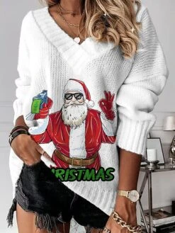 Women's Ugly Christmas Sweater Pullover Sweater Jumper V Neck Ribbed Knit Polyester Patchwork Fall Winter Regular Outdoor Xmas Holiday Stylish Casual Soft Long Sleeve Letter Santa Claus Print