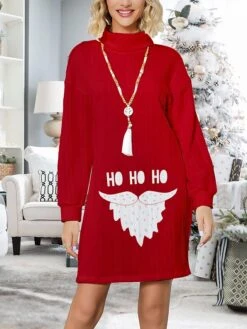 Women's Sweater Dress Turtleneck Ribbed Knit Print Fall Winter Long Christmas Stylish Soft Long Sleeve Letter Santa Claus Red Green S M L