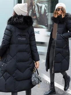Women's Puffer Jacket Long With Pockets Fur Collar Coat Black Khaki Off-white Red Stylish Christmas Winter Zipper Hoodie Regular Fit L XL XXL XXXL / Daily / Casual / Windproof / Solid Color -Xmas Cothing Store ctowwv1634211072006