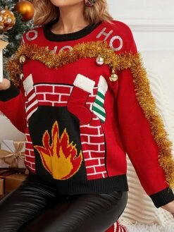 Women's Ugly Christmas Sweater Pullover Sweater Jumper Christmas Sweaters Crew Neck Ribbed Knit Acrylic Embroidered Knitted Fall Winter Regular Outdoor Christmas Daily Fashion Casual Soft Long Sleeve -Xmas Cothing Store cuumco1697626858755