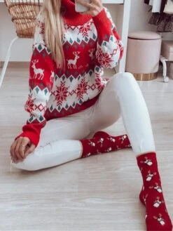 Women's Ugly Christmas Sweater Pullover Sweater Jumper Turtleneck Ribbed Knit Acrylic Oversized Fall Winter Regular Outdoor Christmas Daily Stylish Casual Soft Long Sleeve Elk Snowflake Black Red S M -Xmas Cothing Store cwizmk1696903342383