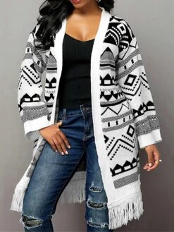 Women's Sweater Coat Cardigan Sweater Jacket Open Front Tassel Ribbed Knit Polyester Knitted Print Fall Winter Long Outdoor Christmas Daily Stylish Casual Soft Long Sleeve Geometric White S -Xmas Cothing Store cwmqoo1697290865462