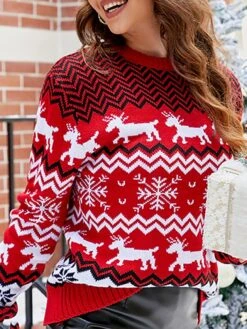 Women's Ugly Christmas Sweater Pullover Sweater Jumper Crew Neck Ribbed Knit Acrylic Tassel Fall Winter Regular Daily Going Out Xmas Stylish Casual Soft Long Sleeve Elk Snowflake White Red S M L -Xmas Cothing Store cxwyqk1695029180623