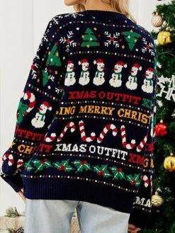 Women's Ugly Christmas Sweater Pullover Sweater Jumper Crew Neck Ribbed Knit Acrylic Knitted Fall Winter Outdoor Christmas Daily Stylish Casual Soft Long Sleeve Letter Snowman Xmas Tree Navy Blue -Xmas Cothing Store cytnuo1667543490969