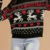 Women's Ugly Christmas Sweater Pullover Sweater Jumper Crew Neck Ribbed Knit Polyester Oversized Fall Winter Short Xmas Daily Going Out Stylish Casual Soft Long Sleeve Heart Letter Elk Black S M -Xmas Cothing Store cyzujt1695209505836