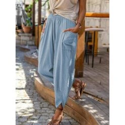 Women‘s Cotton Linen Pants With Side Pockets Christmas Wide-Leg Loose Casual Summer Fall White Light Blue S 2XL -Xmas Cothing Store cziheb1654063846923