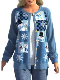 Women's Ugly Christmas Sweater Pullover Sweater Jumper Cardigan Sweater Crew Neck Ribbed Knit Polyester Button Knitted Fall Winter Outdoor Xmas Holiday Stylish Casual Soft Long Sleeve Plaid -Xmas Cothing Store czlhua1666778103647