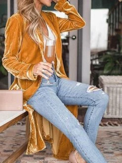 Women's Velvet Blazer Long Trench Coat Christmas Party Xmas Outfit Open Front Windproof Warm Winter Coat Fall Stylish Modern Casual Jacket Long Sleeve Plain Oversize Black Yellow Red -Xmas Cothing Store czptyf1695715051281
