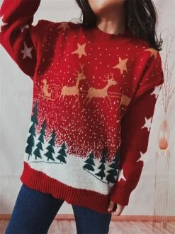 Women's Ugly Christmas Sweater Pullover Sweater Jumper Crew Neck Ribbed Knit Polyester Oversized Fall Winter Regular Outdoor Xmas Daily Stylish Casual Soft Long Sleeve Star Elk Christmas Tree Red -Xmas Cothing Store czqrob1696823465899