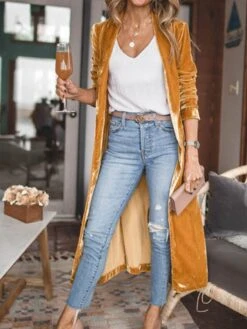 Women's Velvet Blazer Long Trench Coat Christmas Party Xmas Outfit Open Front Windproof Warm Winter Coat Fall Stylish Modern Casual Jacket Long Sleeve Plain Oversize Black Yellow Red -Xmas Cothing Store dabvaw1695715047939