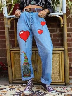 Women's Jeans Wide Leg Pants Trousers Full Length Fashion Streetwear Christmas Street Xmas Black Grey Dark Blue S M Fall Winter