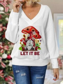 Women's Christmas Sweater Pullover Sweater Jumper V Neck Crochet Knit Print Drop Shoulder Fall Winter Regular Christmas Stylish Casual Soft Long Sleeve Santa Claus Snowman White Wine S M L -Xmas Cothing Store dclfdp1697104968291