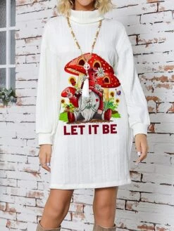 Women's Sweater Dress Christmas Sweaters Stand Collar Ribbed Knit Polyester Knitted Print Fall Winter Long Christmas Holiday Going Out Daily Stylish Casual Long Sleeve Santa Claus White Red S M L