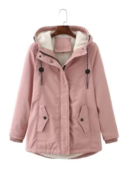 Women's Winter Coat Thicken Puffer Jacket Warm Fleece Parka With Hood Christmas Pink Waterproof Zipper Drawstring Heated Coat With Pocket Classic Outdoor Windproof Outerwear Red