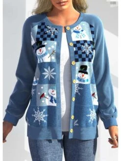 Women's Ugly Christmas Sweater Pullover Sweater Jumper Cardigan Sweater Crew Neck Ribbed Knit Polyester Button Knitted Fall Winter Outdoor Xmas Holiday Stylish Casual Soft Long Sleeve Plaid