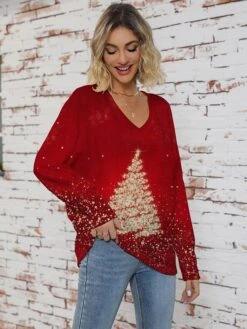 Women's Ugly Christmas Sweater Pullover Sweater Jumper V Neck Ribbed Knit Polyester Knitted Print Fall Winter Regular Outdoor Christmas Holiday Daily Stylish Casual Long Sleeve Christmas Tree Wine Red -Xmas Cothing Store dehdrv1697291254439