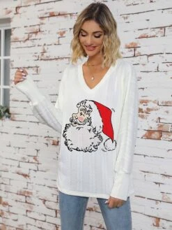 Women's Pullover Sweater Jumper Crew Neck Ribbed Knit Print Fall Winter Regular Christmas Stylish Soft Long Sleeve Santa Claus White Red S M L -Xmas Cothing Store deyrue1697017128794