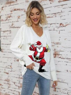 Women's Ugly Christmas Sweater Pullover Sweater Jumper V Neck Ribbed Knit Polyester Knitted Print Fall Winter Regular Outdoor Christmas Holiday Daily Stylish Casual Long Sleeve Santa Claus Wine Red S -Xmas Cothing Store dfdewa1697697968625