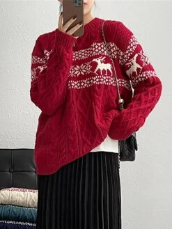 Women's Ugly Christmas Sweater Pullover Sweater Jumper Christmas Sweaters Crew Neck Cable Knit Acrylic Knitted Fall Winter Regular Outdoor Christmas Daily Fashion Casual Soft Long Sleeve Elk Snowflake -Xmas Cothing Store dfgwqv1697785166783