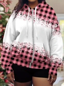 Women's Plus Size Ugly Christmas Hooded Jacket Christmas Plaid Print Party Xmas Drawstring Sport Coat Fashion Loose Fit Outerwear Long Sleeve Fall