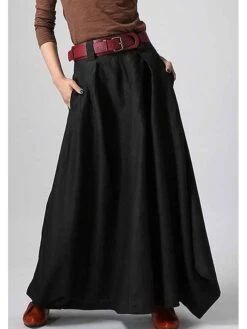 Women's Skirt Work Skirts Long Skirt Maxi Cotton Black Yellow Red Gray Skirts Fall & Winter Pocket Belt Not Included Without Lining Christmas Daily S M L -Xmas Cothing Store dgttnb1662437220374