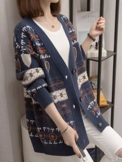 Women's Ugly Christmas Sweater Cardigan Christmas Sweaters V Neck Ribbed Knit Polyester Button Knitted Print Fall Winter Regular Outdoor Christmas Daily Stylish Casual Soft Long Sleeve Heart Letter -Xmas Cothing Store dhgafa1697290833591