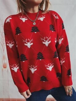 Women's Ugly Christmas Sweater Pullover Sweater Jumper Crew Neck Ribbed Knit Polyester Oversized Fall Winter Regular Outdoor Christmas Daily Stylish Casual Soft Long Sleeve Elk Christmas Tree Red -Xmas Cothing Store diufxo1696903375427