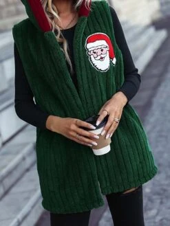 Women's Christmas Jacket Santa Sherpa Vest Sleeveless Sherpa Jacket Fleece Teddy Coat Hooded Jacket Claus Thermal Lightweight Streetwear Xmas Outerwear Long Sleeve Green S