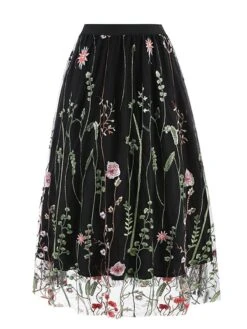 Women's Skirt Swing Midi Tulle Apricot Black White Red Skirts Fall & Winter Floral Embroidered High Waist Vintage Elegant Christmas Xmas Street M L XL -Xmas Cothing Store djjwec1694271035400