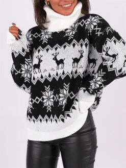 Women's Ugly Christmas Sweater Pullover Sweater Jumper Turtleneck Ribbed Knit Acrylic Oversized Fall Winter Regular Outdoor Christmas Daily Stylish Casual Soft Long Sleeve Elk Snowflake Black Red S M -Xmas Cothing Store djrljf1696903344478