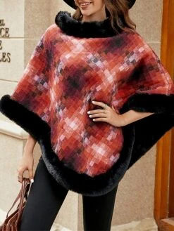 Women's Cloak / Capes Faux Fur Trim Christmas Party Pullover Hoodie Warm Street Daily Wear Vacation Fashion Street Xmas Style Plaid Regular Fit Outerwear Long Sleeve Fall Winter Blue Fuchsia Orange