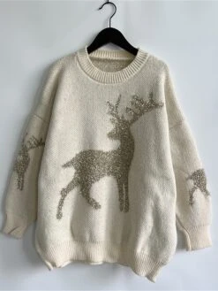 Women's Ugly Christmas Sweater Pullover Sweater Jumper Crew Neck Ribbed Knit Acrylic Oversized Fall Winter Regular Outdoor Xmas Daily Stylish Casual Soft Long Sleeve Elk Red Beige S M L -Xmas Cothing Store dkbesu1696823476537