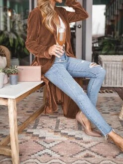 Women's Velvet Blazer Long Trench Coat Christmas Party Xmas Outfit Open Front Windproof Warm Winter Coat Fall Stylish Modern Casual Jacket Long Sleeve Plain Oversize Black Yellow Red -Xmas Cothing Store dkkqrq1695715045771