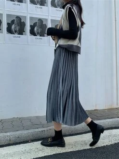 Women's Skirt A Line Swing Midi Gold Velvet Wine Red Black Pink Navy Blue Skirts Fall & Winter Pleated High Waist Fashion Elegant Christmas Xmas Street M L XL -Xmas Cothing Store dkkvkq1694689583583