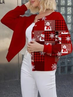 Women's Ugly Christmas Sweater Cardigan Sweater Jacket Crew Neck Ribbed Knit Polyester Button Knitted Print Fall Winter Short Outdoor Christmas Holiday Daily Stylish Casual Long Sleeve Plaid Snowman -Xmas Cothing Store dksihu1697290703221