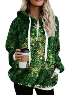 Women's Fleece Jacket Sherpa Jacket Teddy Coat Warm Breathable Christmas Street Daily Wear Vacation Zipper Pocket Print Pullover Hoodie Plush Casual Daily Comfortable Xmas Christmas Tree Regular